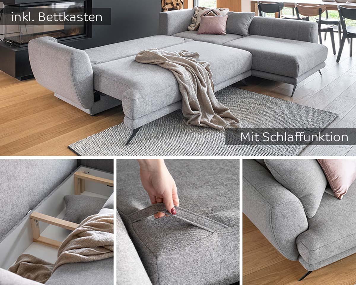 Larde Ecksofa 276 x 191 cm, mit Schlaffunktion & Bettkasten, Velour