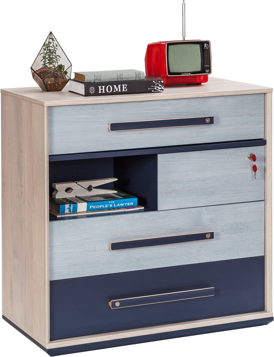 Cilek TRIO Kommode Anrichte Sideboard Kinderzimmer Blau / White-Wash