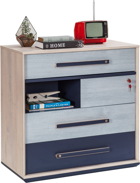 Cilek TRIO Kommode Anrichte Sideboard Kinderzimmer Blau / White-Wash