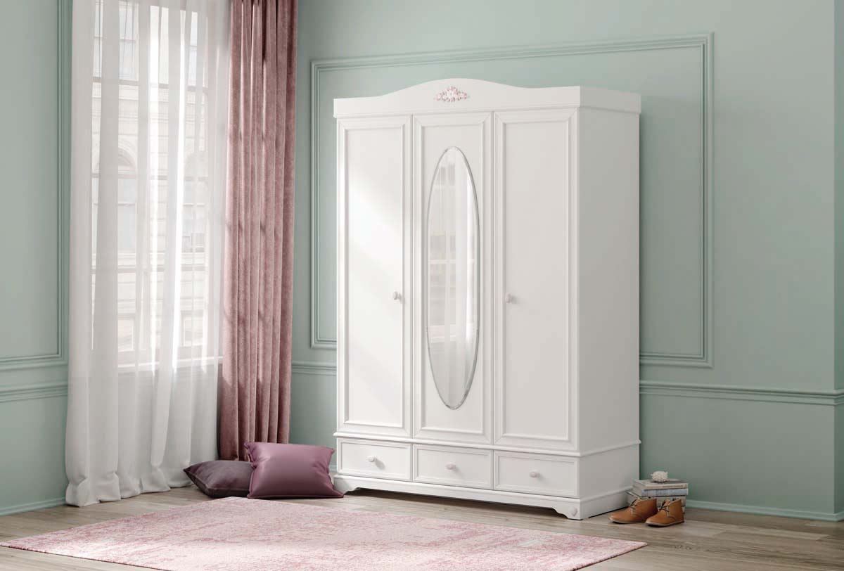 Cilek RUSTIC WHITE Kleiderschrank 3-trg. mit Spiegel Weiß - Voelpe