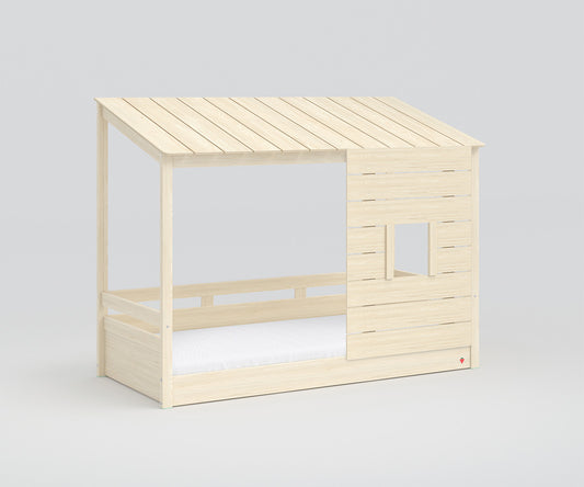 Montessori Hausbett mit Schrägdach / Fenster 90x200 cm Braun