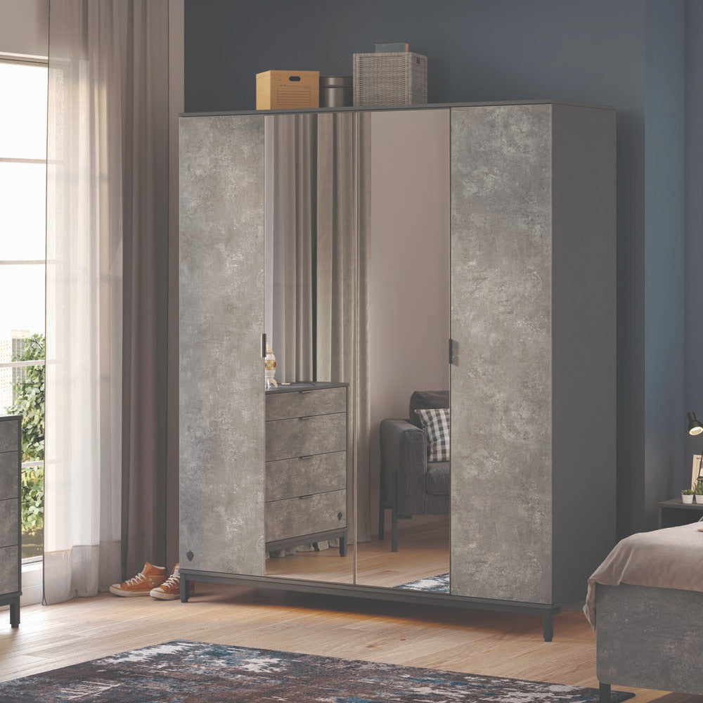 Space Gray 4-türiger Kleiderschrank mit Spiegeltüren Grau