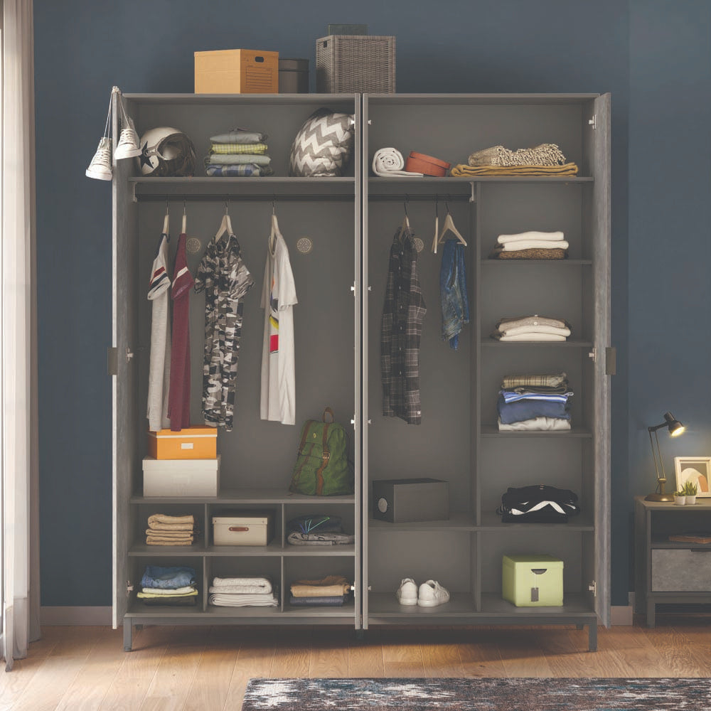 Space Gray 4-türiger Kleiderschrank mit Spiegeltüren Grau