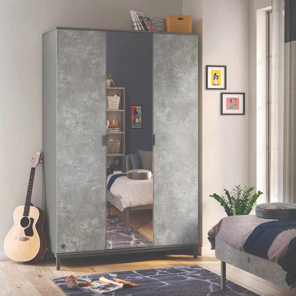 Space Gray 3-türiger Kleiderschrank mit Spiegeltür Grau