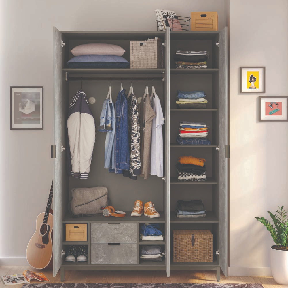 Space Gray 3-türiger Kleiderschrank mit Spiegeltür Grau