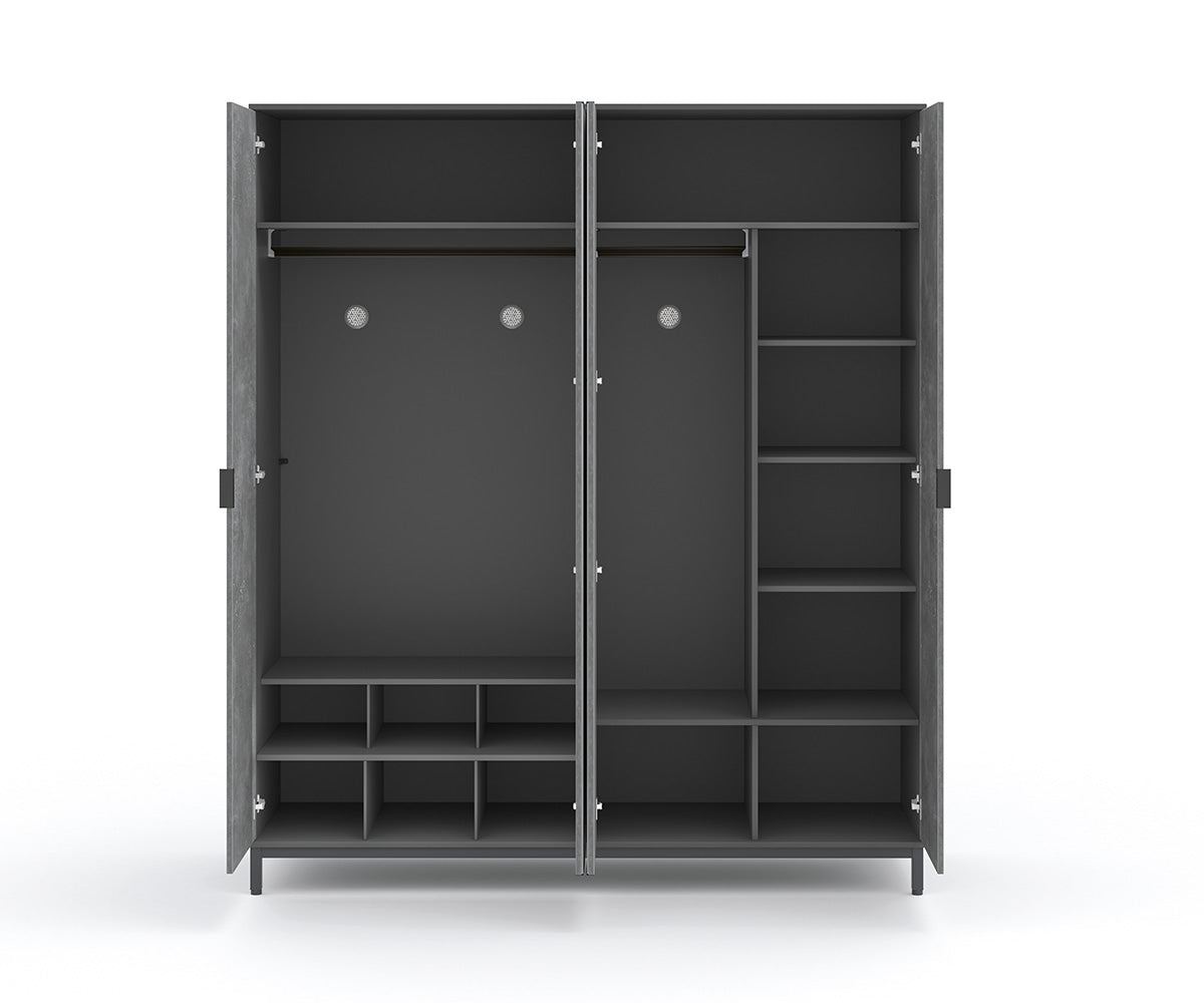 Space Gray 4-türiger Kleiderschrank mit Spiegeltüren Grau