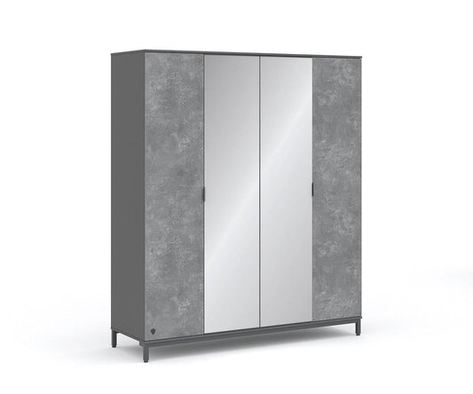 Space Gray 4-türiger Kleiderschrank mit Spiegeltüren Grau - Voelpe