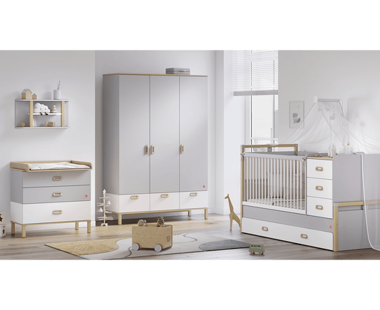 Cilek Mino Baby Babyzimmer Set 6 tlg. inkl. Bettwäsche Grau / Weiß - Voelpe