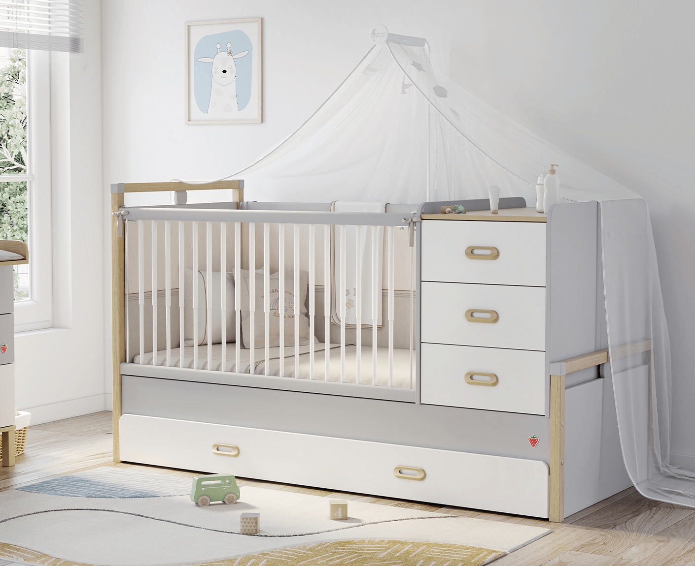 Cilek Mino Baby Babyzimmer Set 6 tlg. inkl. Bettwäsche Grau / Weiß - Voelpe