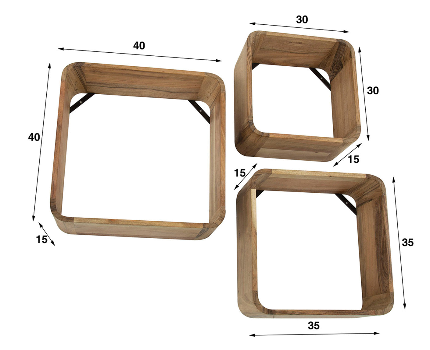 Wandregal Set 3-teilig, quadratisch, Akazie Massivholz Natur