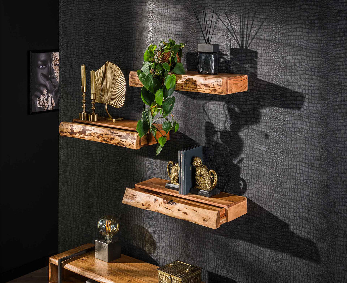 Tree Wandregal 3er Set mit Schublade Akazie Massivholz Natur