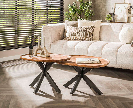 2er Set Couchtisch Akazie Massivholz Natur