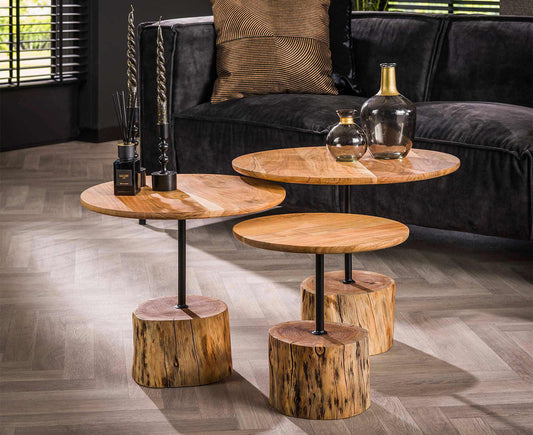 3er Set Couchtisch mit Baumstammfuß Akazie Massivholz