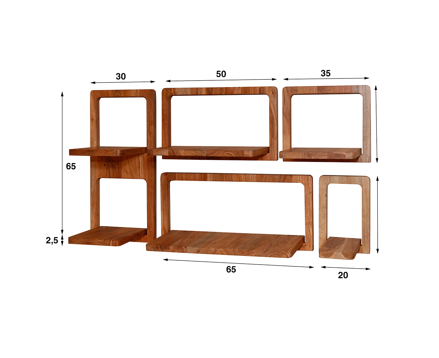 5er Set Wandregal Akazie Massivholz Natur