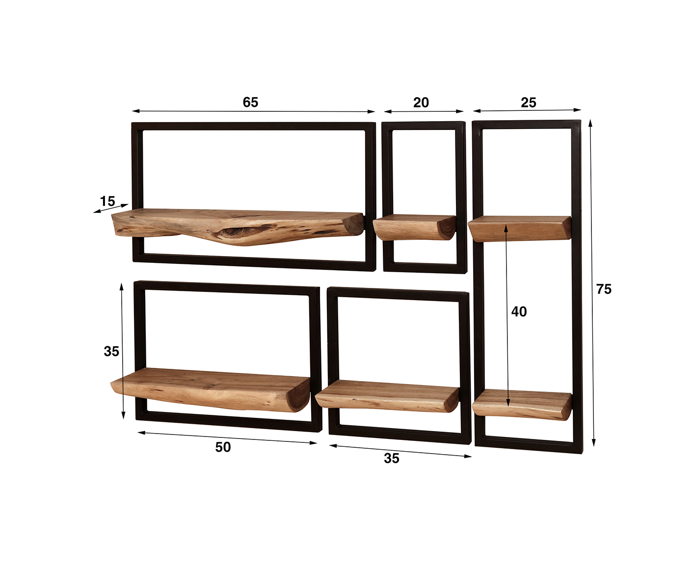 5er Set Wandregal Akazie Massivholz Natur