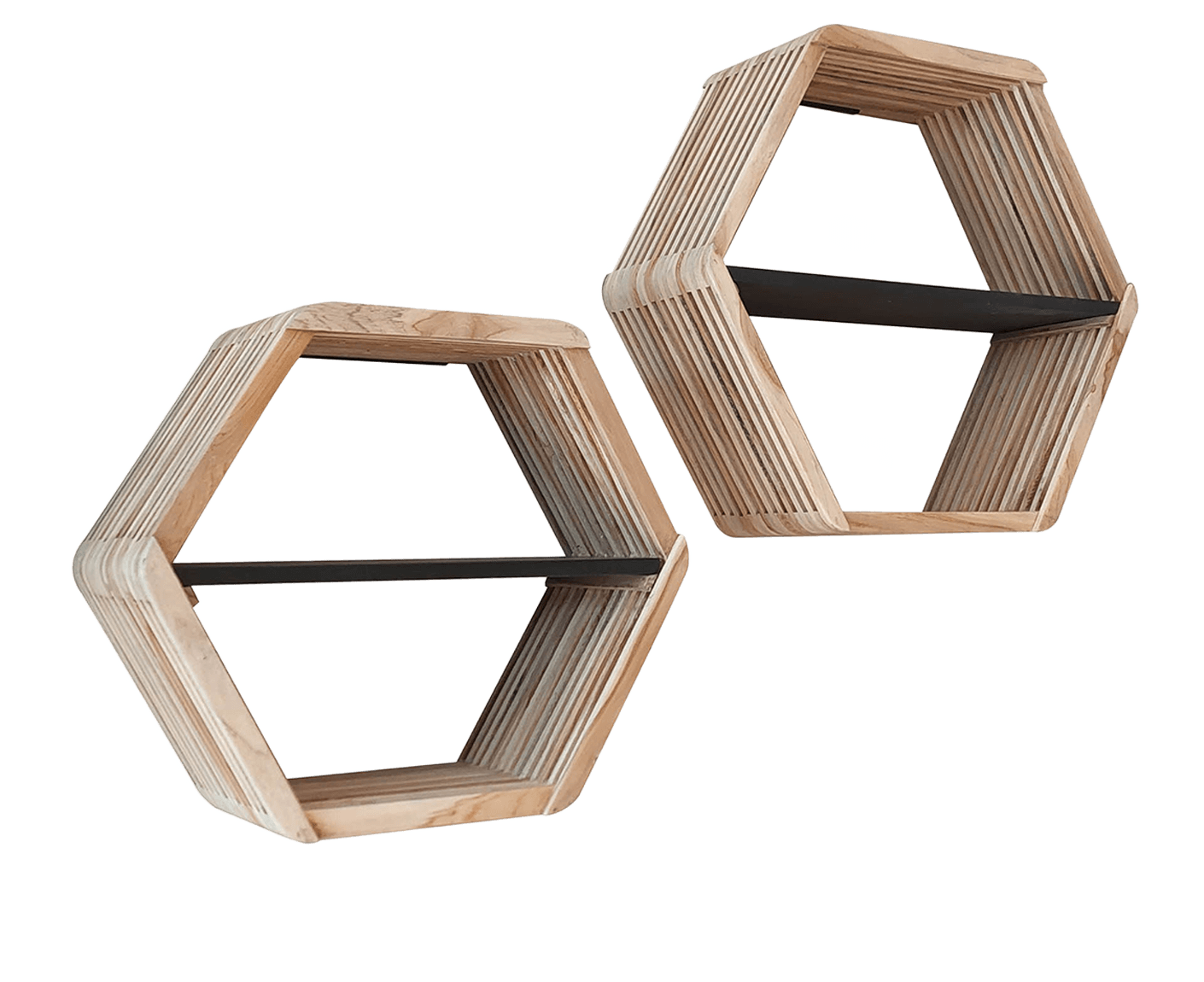 Hexagon Wandregal 2er Set verwittertes Teakholz