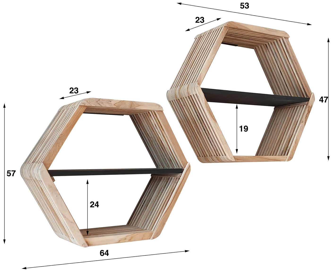 Hexagon Wandregal 2er Set verwittertes Teakholz