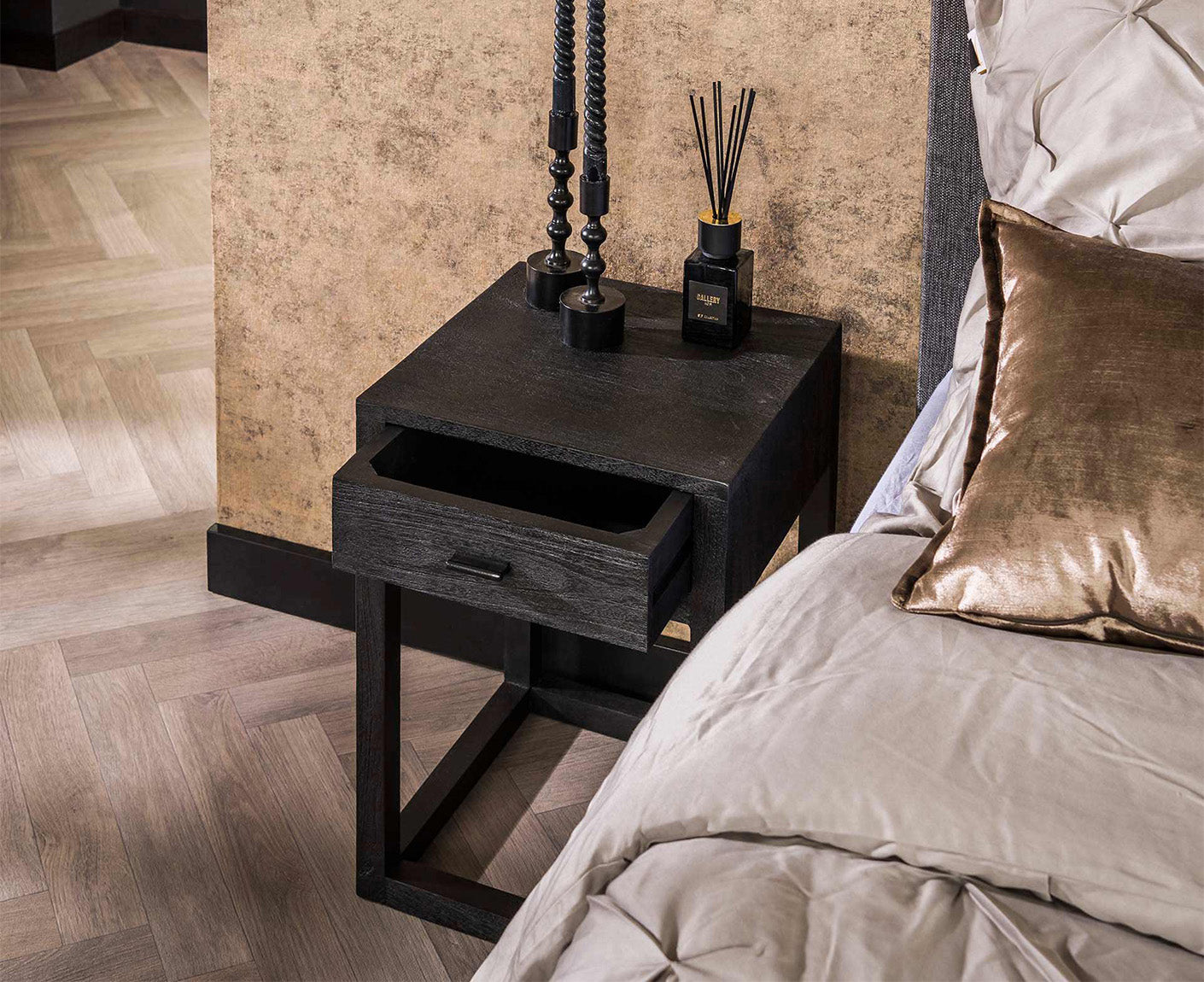 Nachttisch 1L Black Square / Massiv Akazie schwarz
