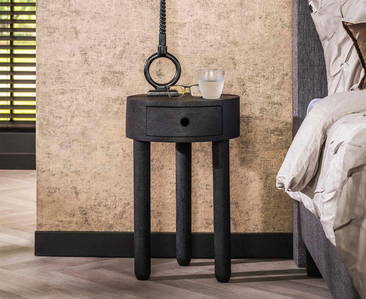 Nachttisch 1L Round Full Wood / Massiv Akazie schwarz