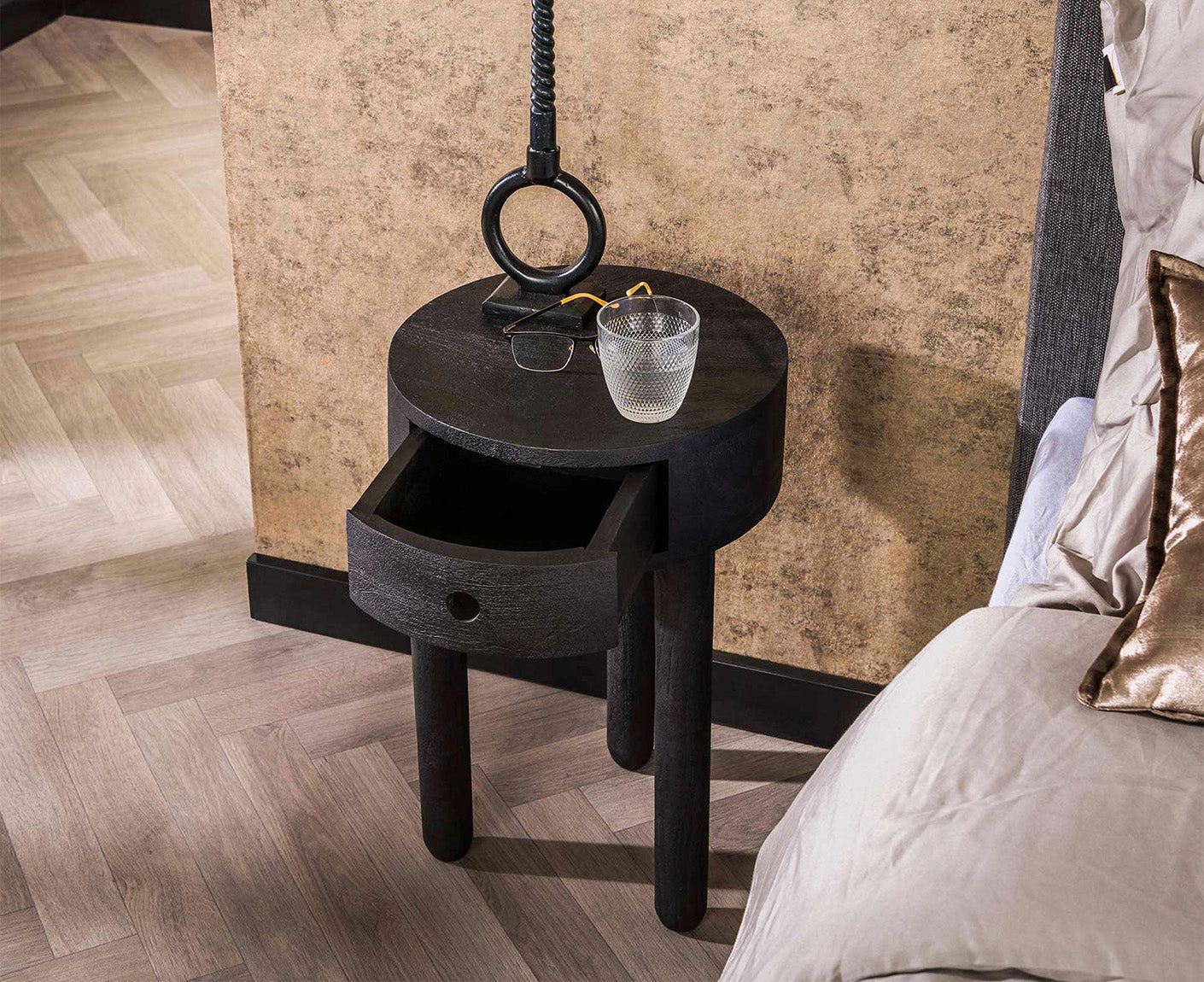 Nachttisch 1L Round Full Wood / Massiv Akazie schwarz