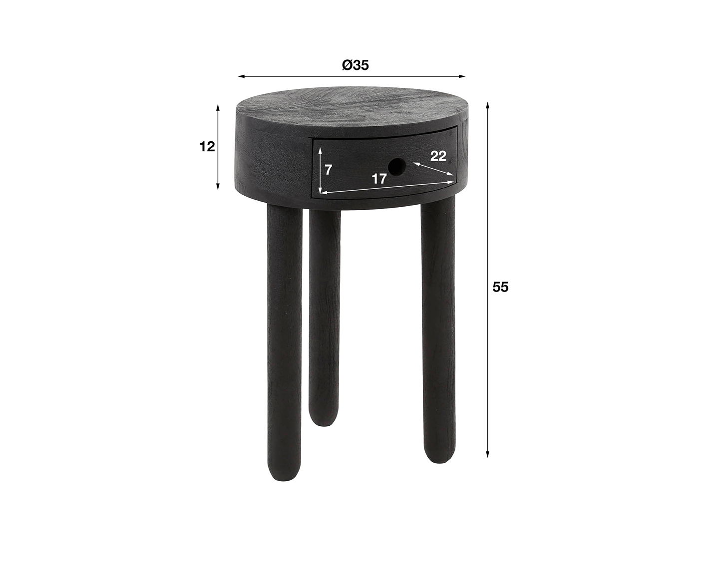 Nachttisch 1L Round Full Wood / Massiv Akazie schwarz