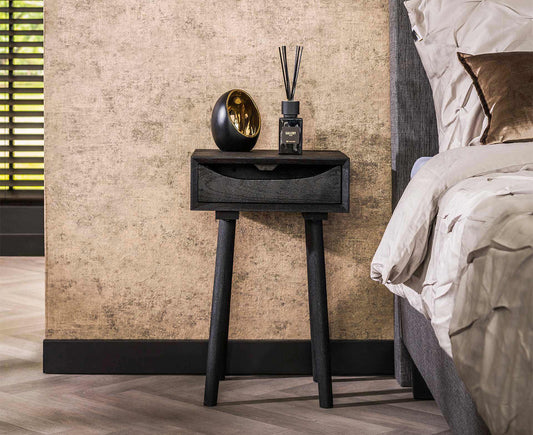 Nachttisch 1L Sleek Wood Inlay / Massiv Akazie schwarz