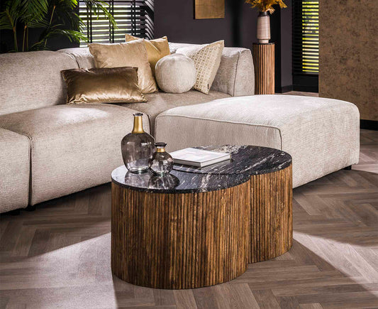 Couchtisch 2er Set halbrund Midnight / Schwarz Marmor