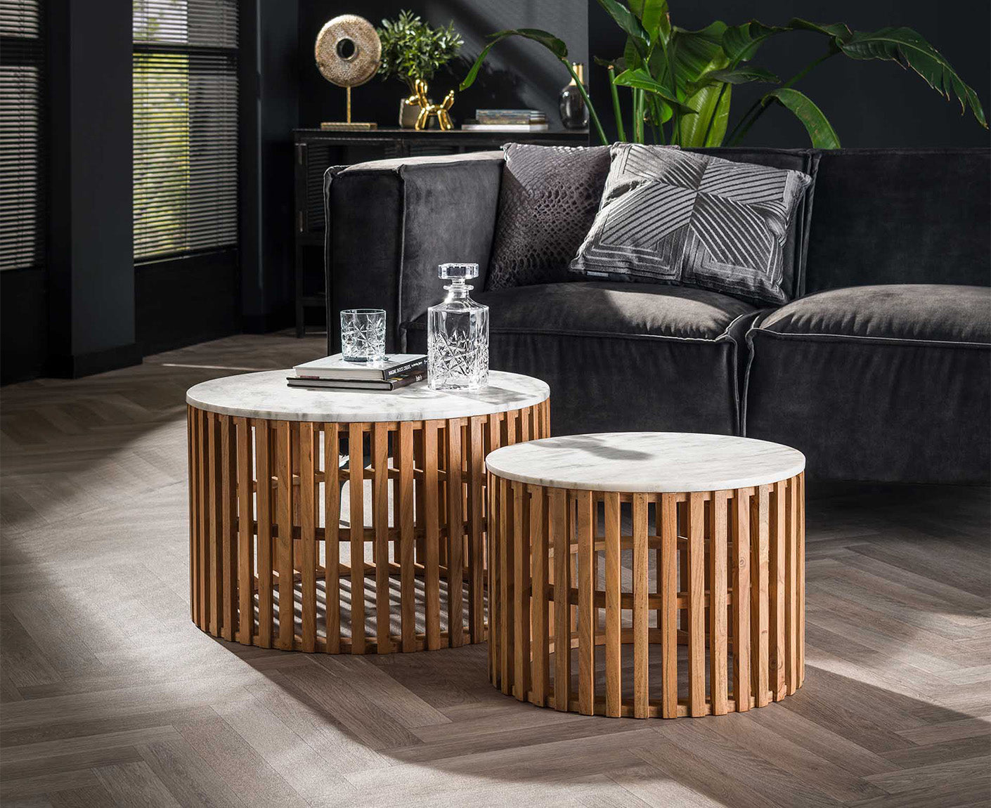 Sunset Couchtisch 2er Set Mangoholz Massiv / Weißer Marmor