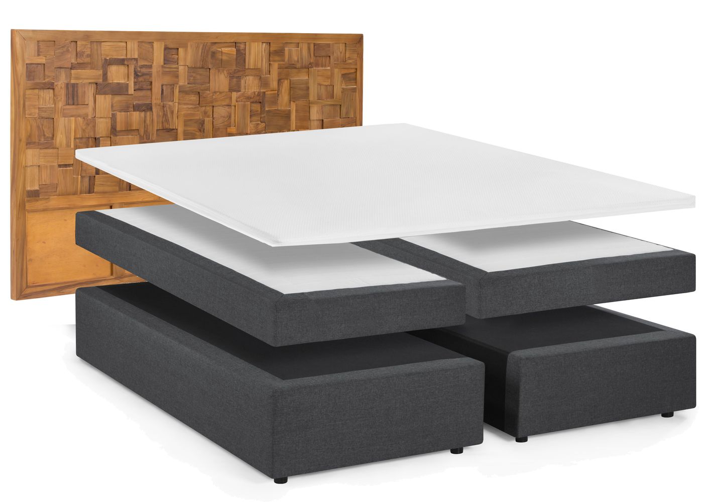 THIS & THAT Boxspringbett mit Holz-Mosaik-Kopfteil Dunkelgrau, Natur