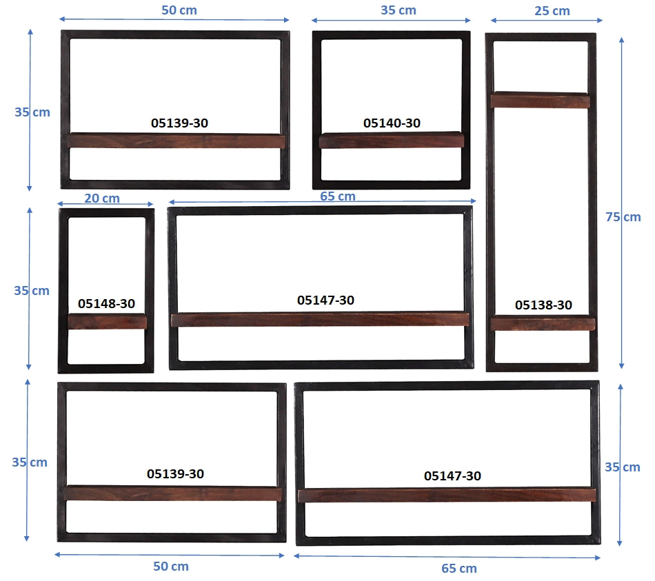 276949 ALMIRAH Wandregal-Set, 7-teilig Braun, Schwarz - Voelpe