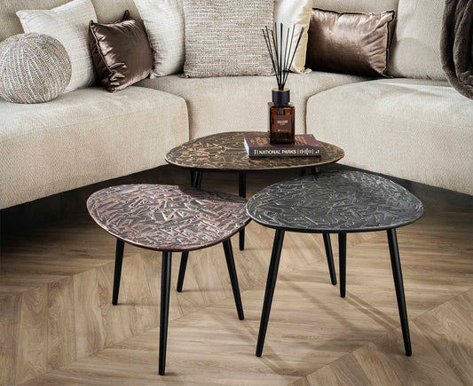 3er Set Couchtisch dreieckig Patina Metal
