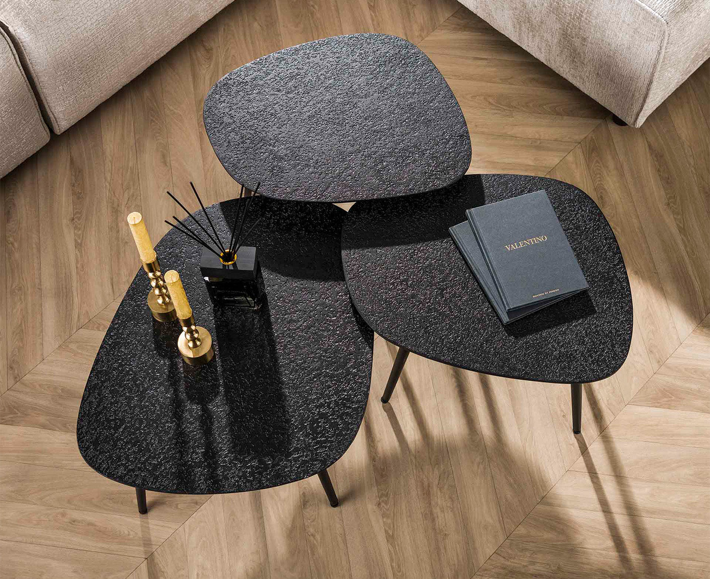 Couchtisch 3er Set, viereckig, Metallic Schwarz