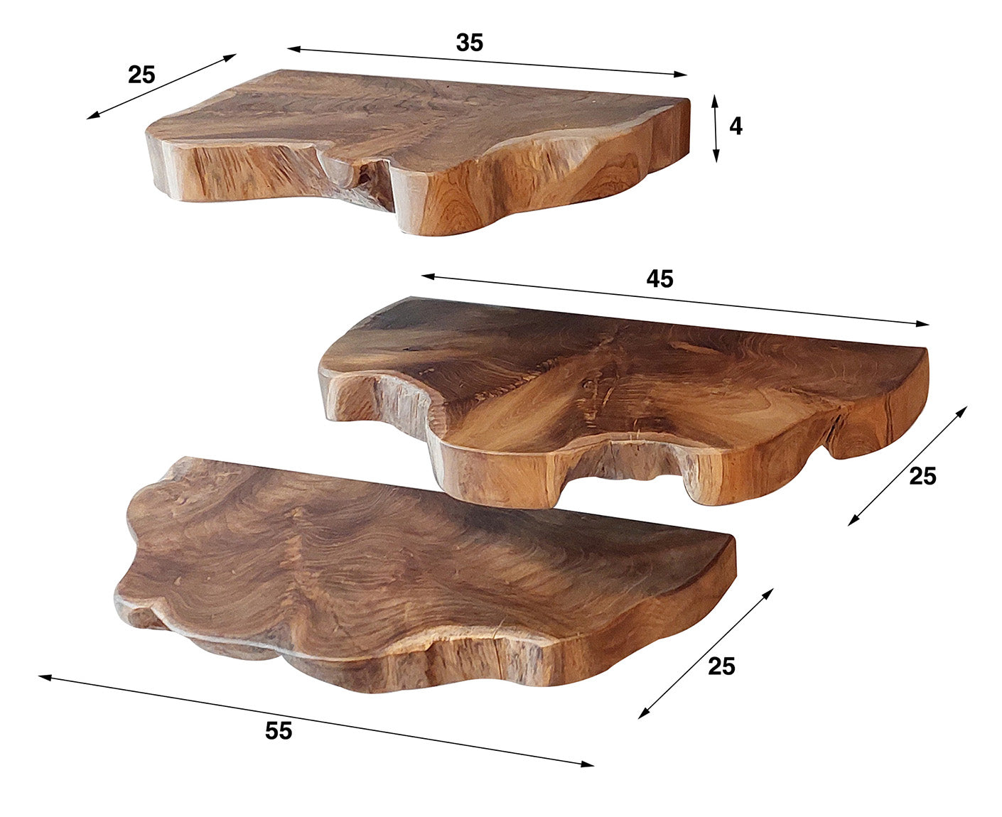 Natural Line Wandregal 3er Set Teak Massivholz Natur