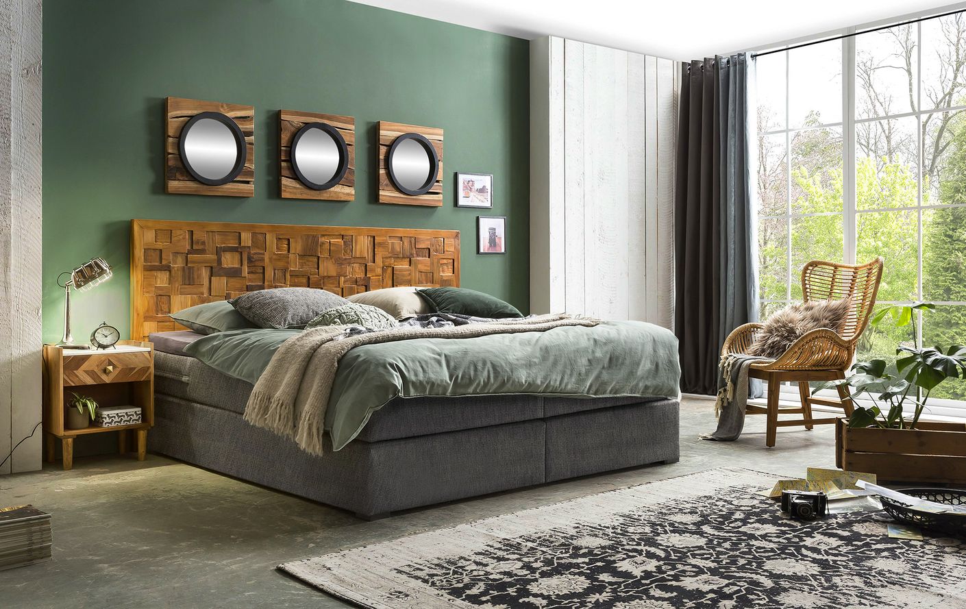 THIS & THAT Boxspringbett mit Holz-Mosaik-Kopfteil Dunkelgrau, Natur