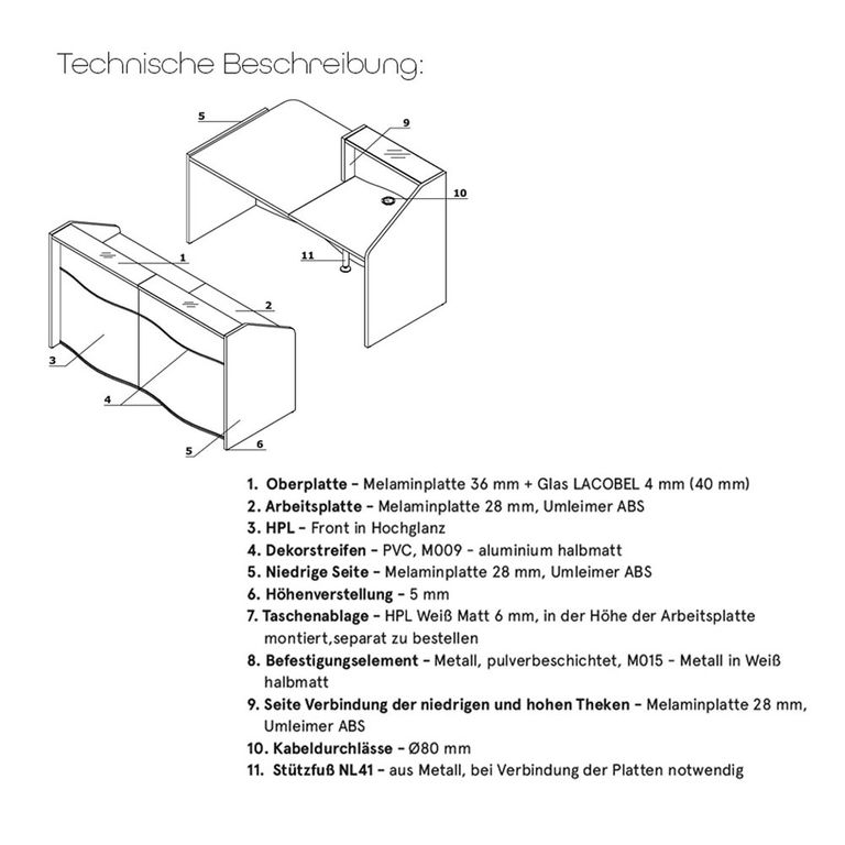 Wave 4 Empfangstheke mit Arbeitsplatte 97cm, Größe wählbar, Dunkelblau Matt