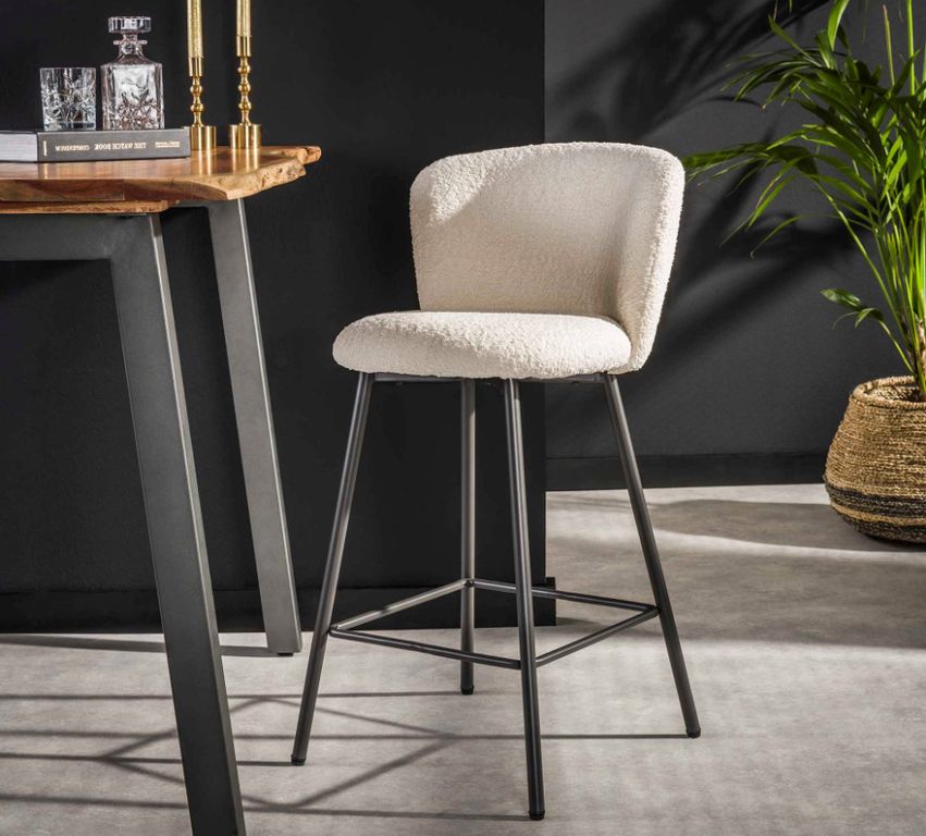 Esszimmer Barhocker Hochstuhl Boucle Weiß / Schwarz