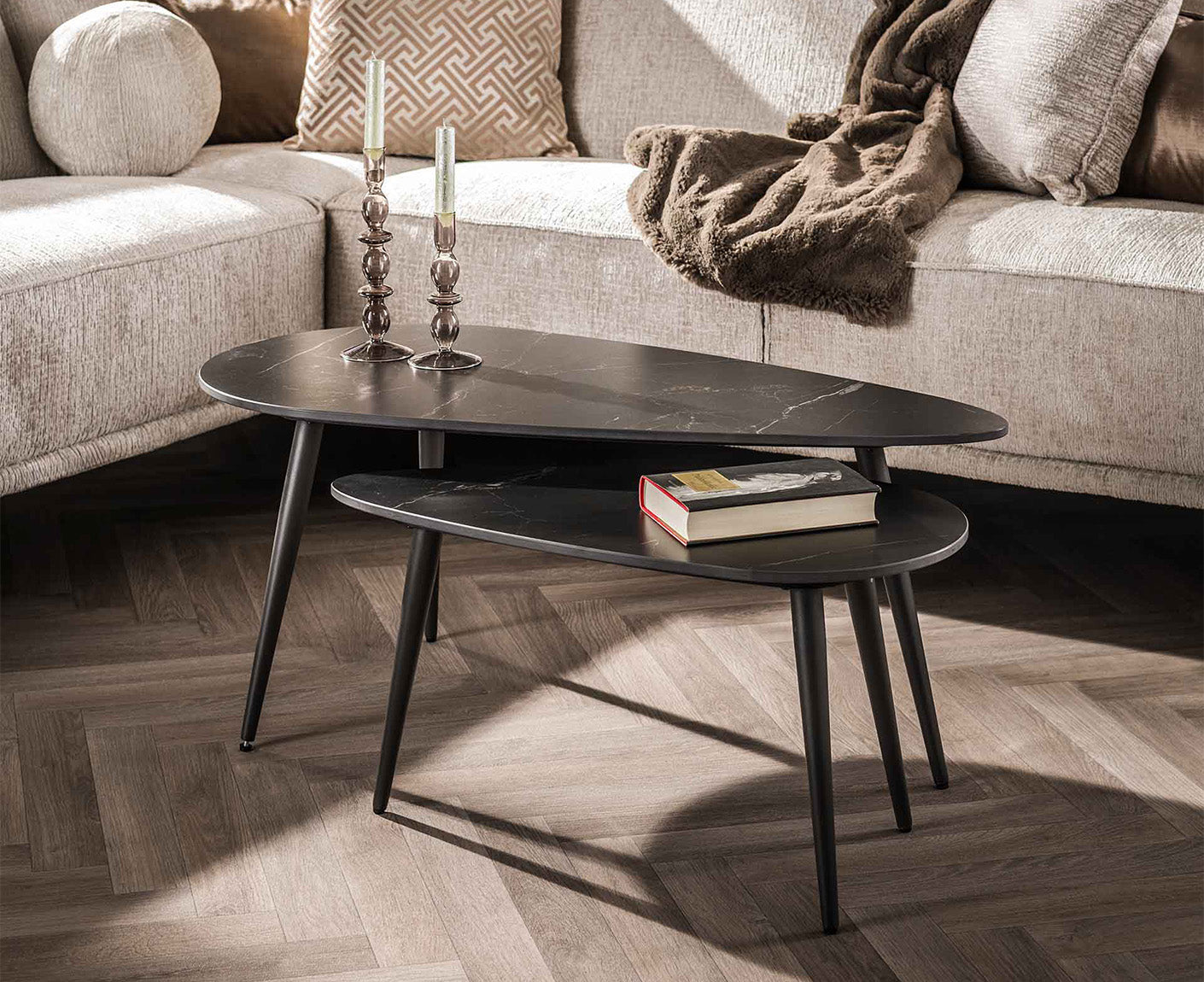 Couchtisch 2er Set Nierenform Keramik Natural Black