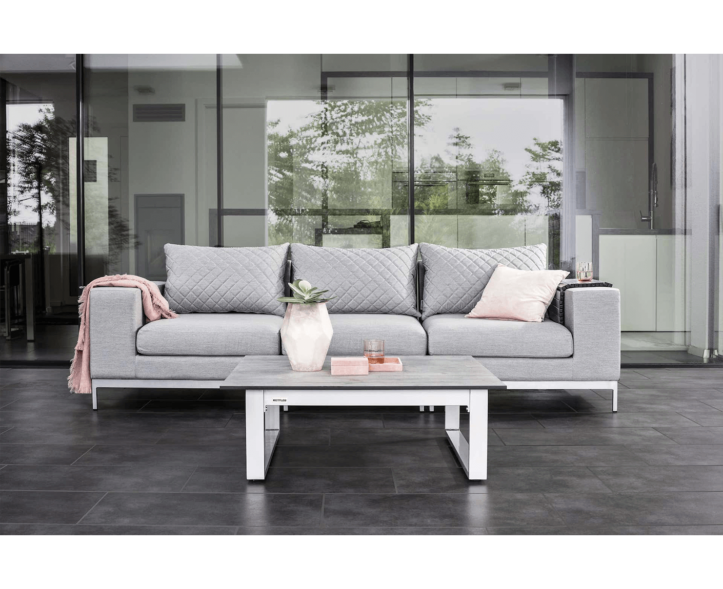 Kettler Gartenlounge 3-Sitzer Ego Modular mit Couchtisch 95 x 95 cm Silber / Sunbrella