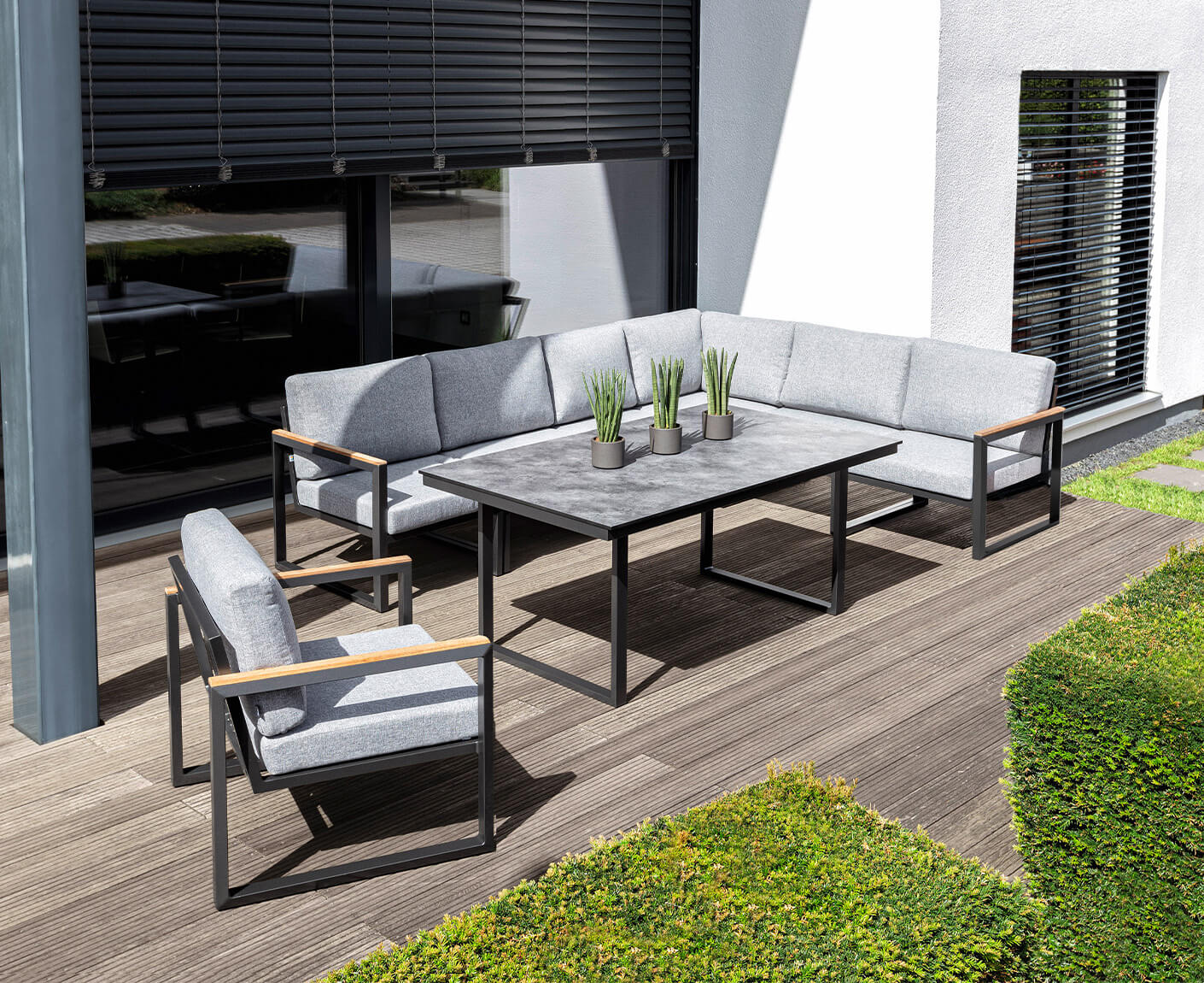 Kettler Gartenlounge Ocean Skid Ecklounge mit Gartentischgestell Skate Anthrazit-Teak / Hellgrau meliert