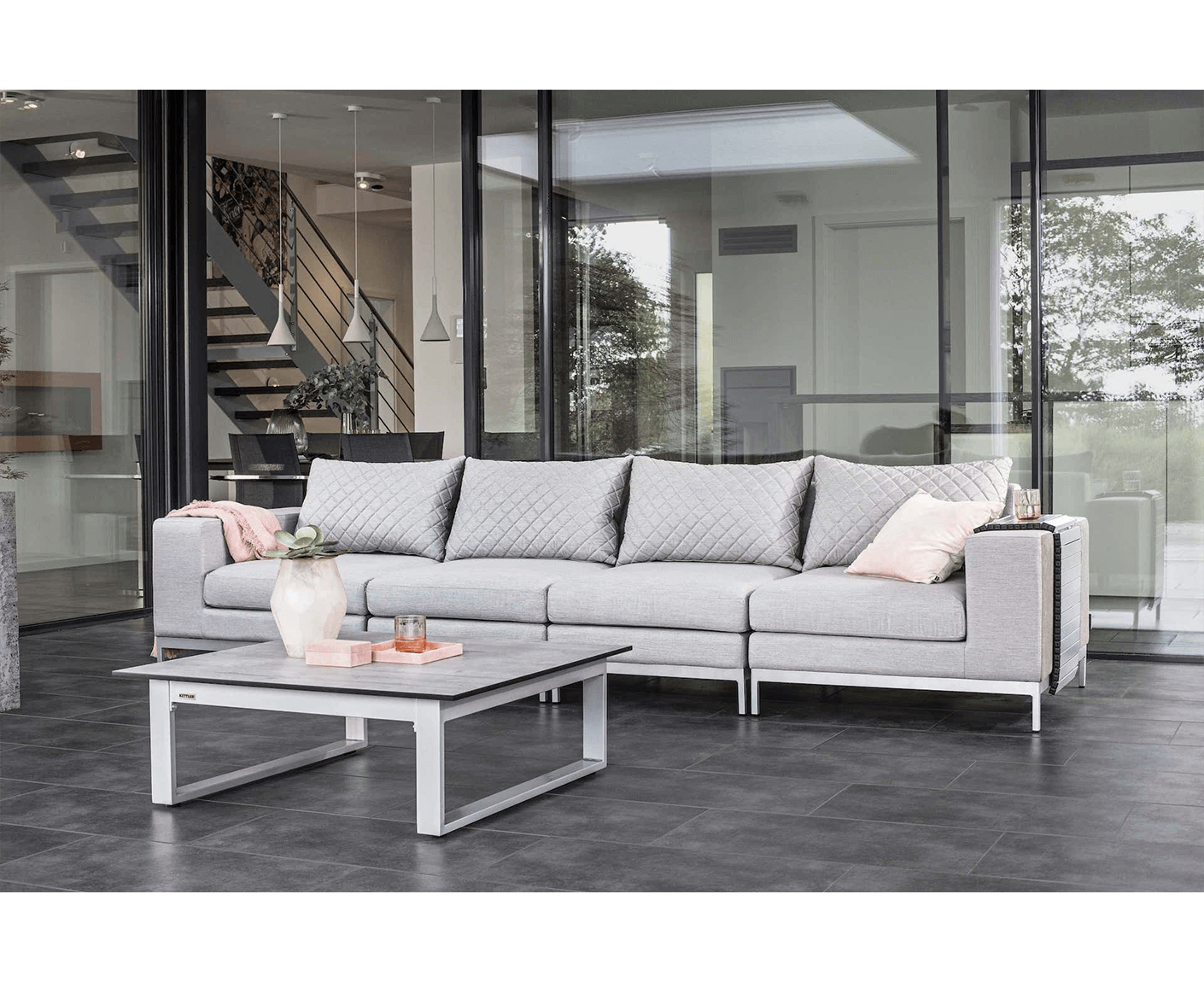 Kettler Gartenlounge 4-Sitzer Ego Modular mit Couchtisch 95 x 95 cm Silber / Sunbrella