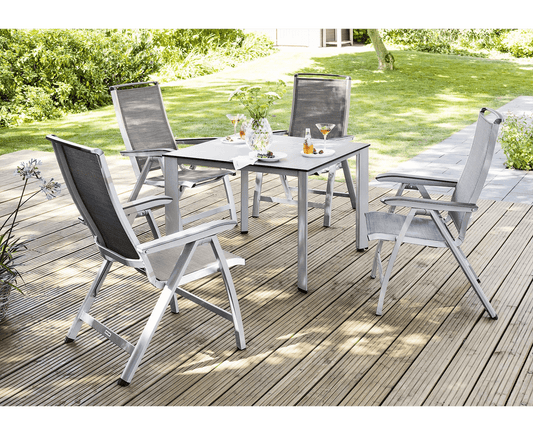 Kettler Gartenmöbelset 5-teilig, Forma II Multipositionssessel, Gartentischgestell Edge mit HPL Tischplatte 95 x 95 cm Anthrazit / Silber