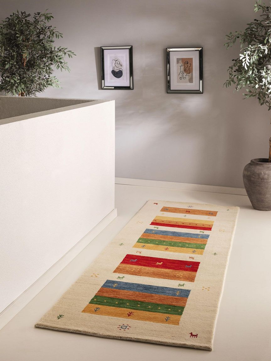 Wollteppich / Läufer Jamal 80x250 cm Bunt / Beige