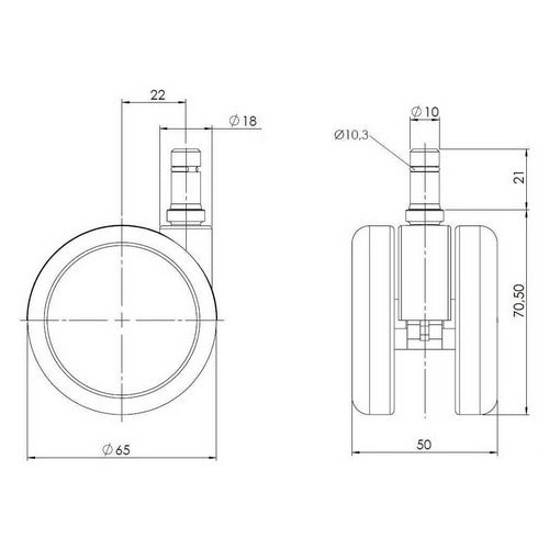 5x Hartbodenrollen ROLO 10mm / 65mm Büro-Stuhl-Rollen für Hartböden