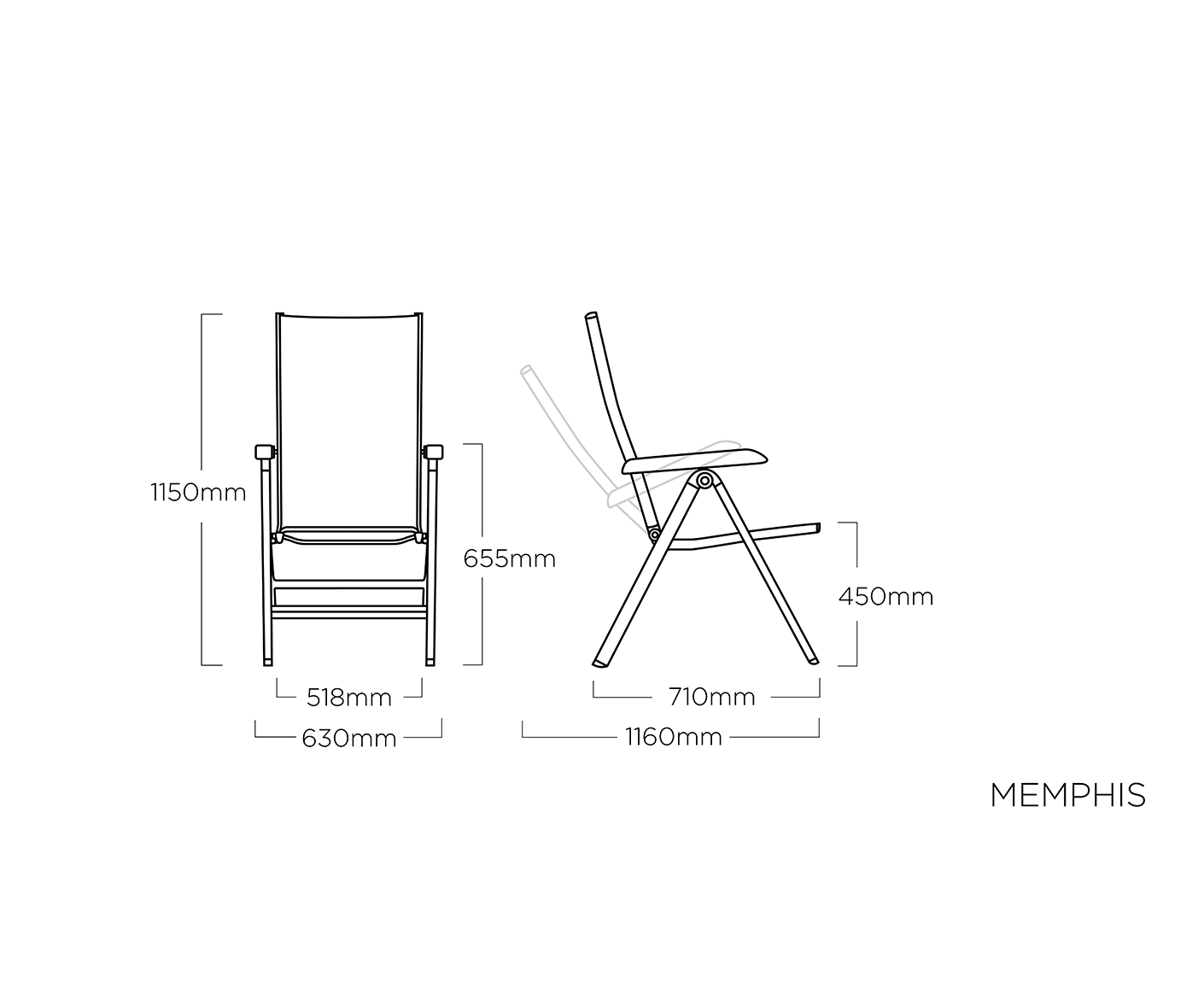 Kettler Gartenmöbelset 5-teilig, Memphis Multipositionssessel mit Teakarmlehnen, Gartentischgestell Edge mit HPL Tischplatte Titanit Anthrazit