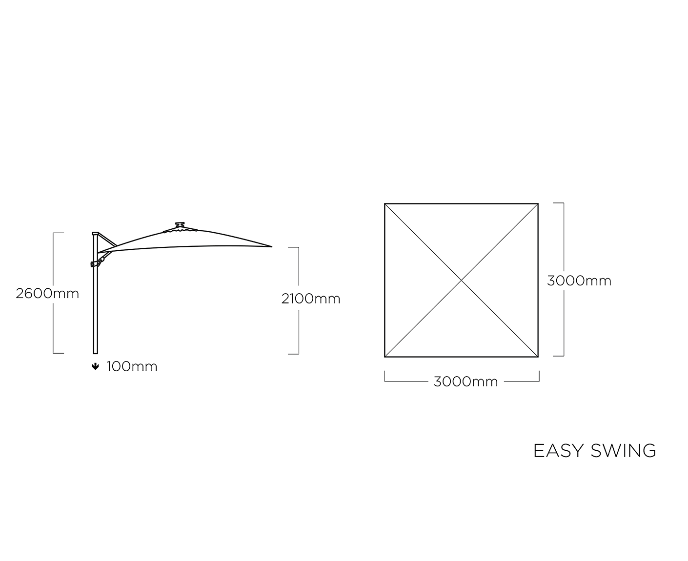 Kettler Easy Swing Ampelschirm eckig 300x300 cm, UPF 50+ inkl. Abdeckhaube & Schirmständer, Farbe wählbar