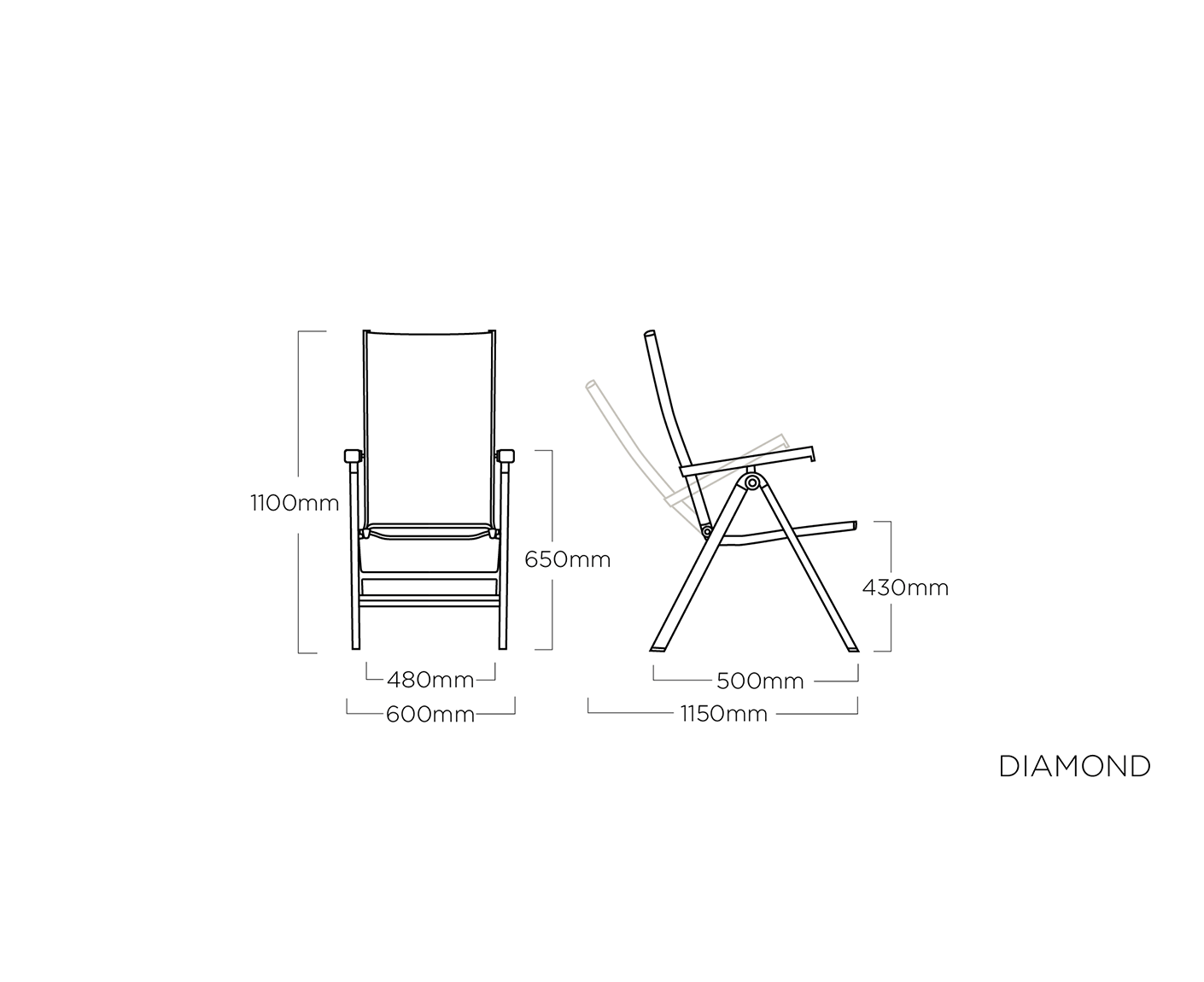 Kettler Gartenmöbelset 5-teilig, Diamond Multipositionssessel mit Teakarmlehnen, Gartentischgestell Diamond HPL Tischplatte mit Fräsung Silber / Grau