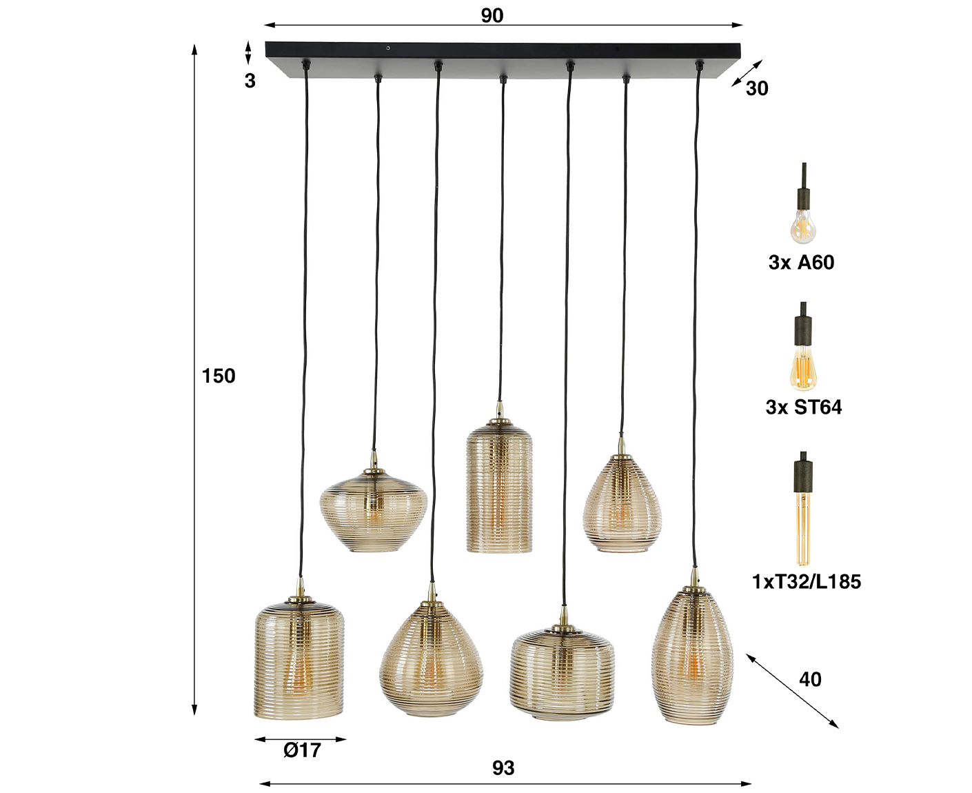 Hängelampe 4+3L, handgefertigtes gestreiftes Glas, Braunglas