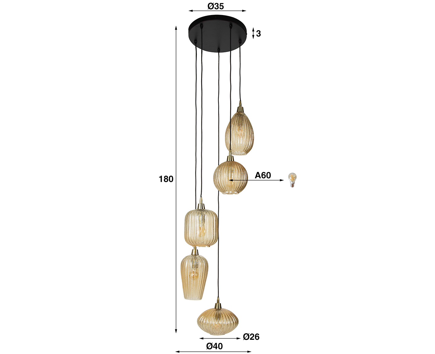 Hängelampe 5L V-Form gestuft Braunglas