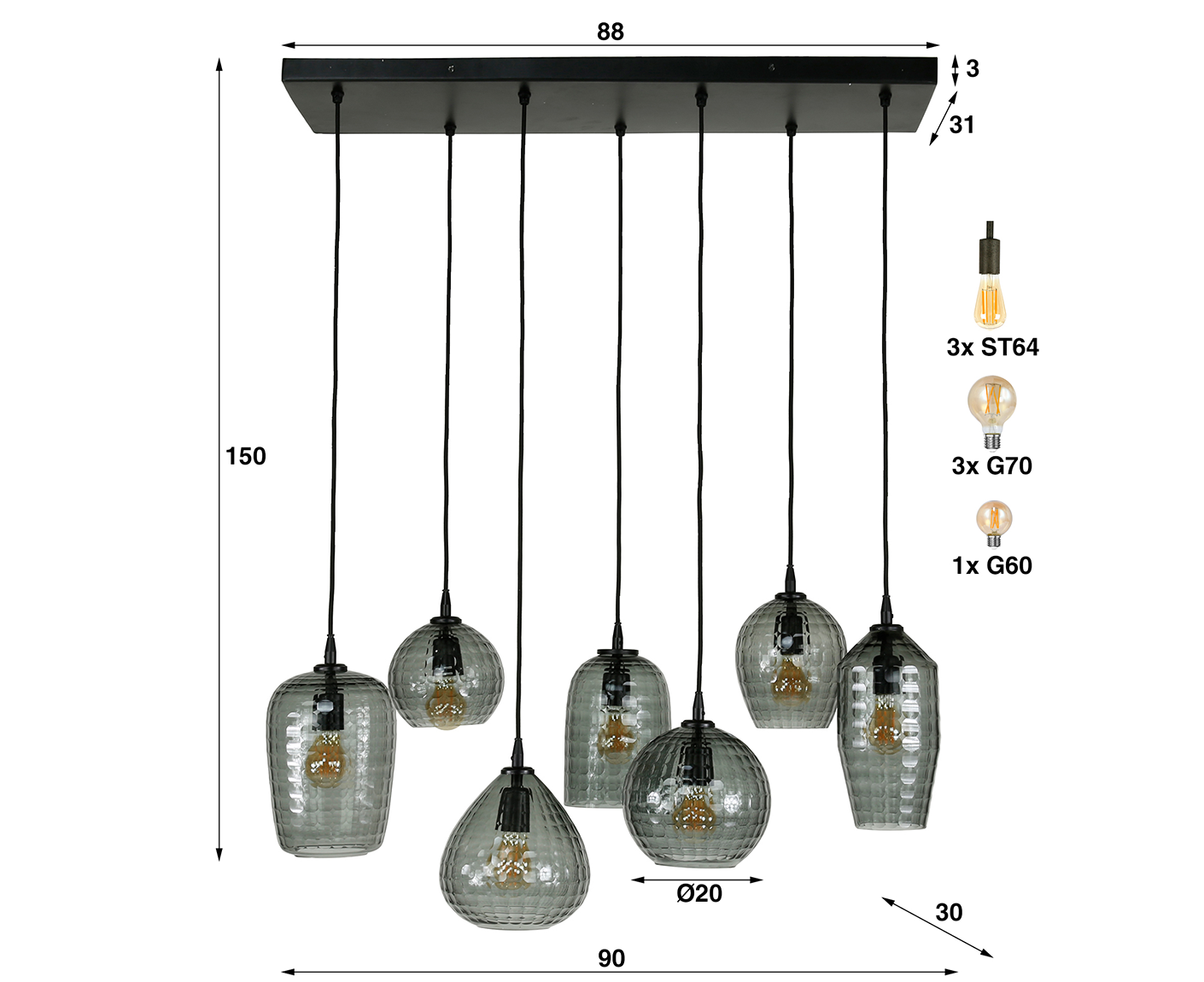 Hängelampe 4+3L Hexagon Mix, Dunkelgrau