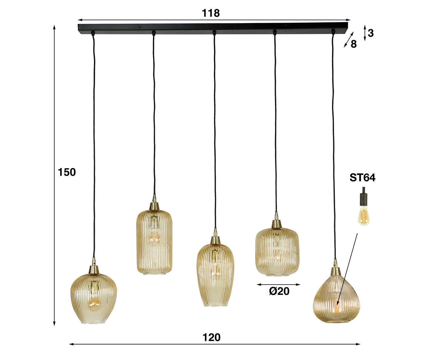 Hängelampe 5L, gestreift, Bernsteinglas